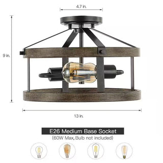 Round 13-inch Metal Wood Farmhouse 2-Light Ceiling Lamp - Semi-Flush Mount