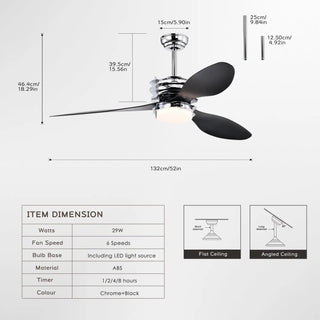 Ceiling Fan for Living Room with 3 ABS Blades, LED Light & Remote